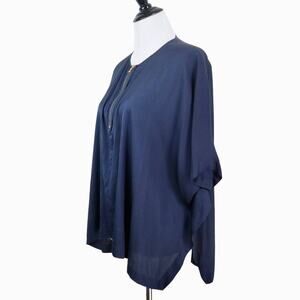 Vince Size S Stretch Silk Satin Boxy Blouse Gold Zipper Neck Navy Blue
